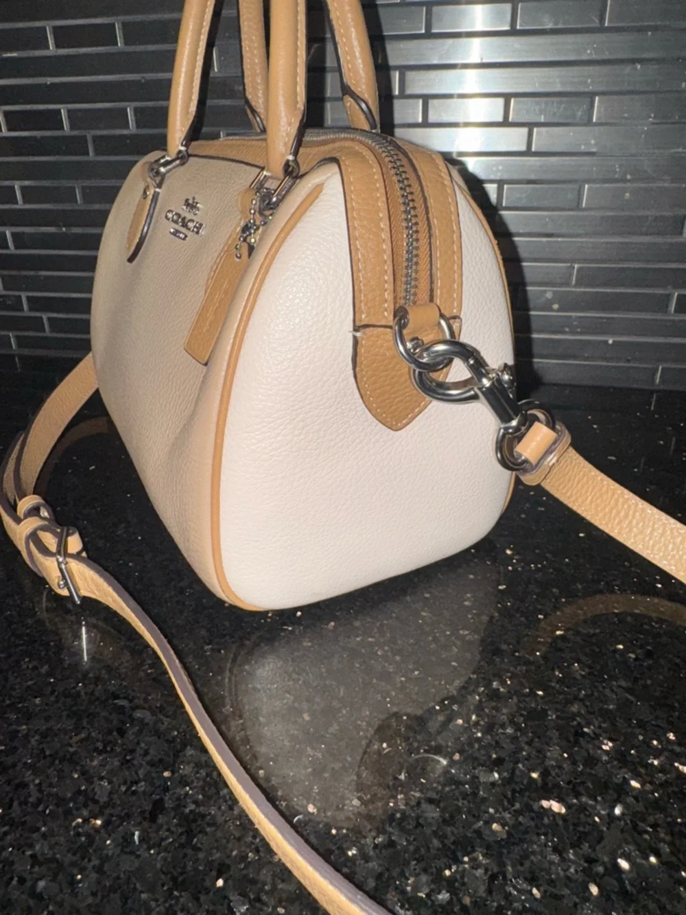 Coach Beige and Tan Leather Satchel with Crossbody Strap - Picture 5 of 10